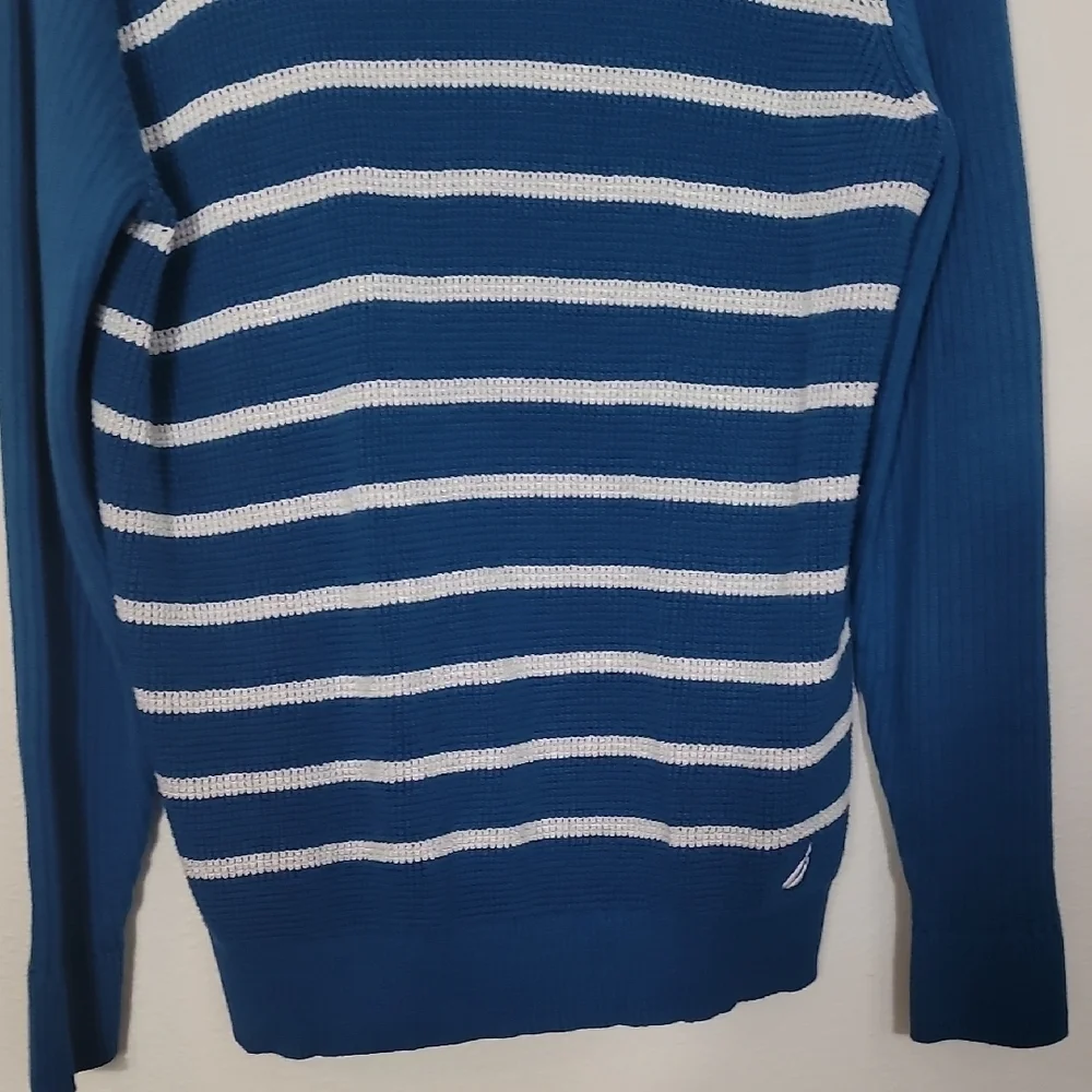 Vintage Nautica Mens 100% Cotton Crewneck Sweater Size L Blue White Stripe Y2K